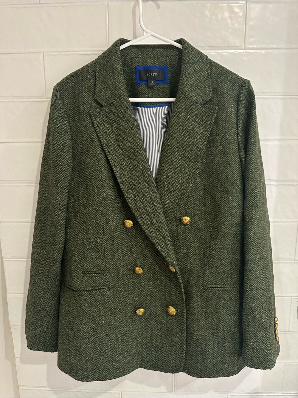 J.Crew Womens Size 16 Herringbone Green Moon English Wool Tweed Double Breasted